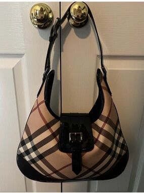 Burberry Beige Plaid Shoulder Bag with Black Trim